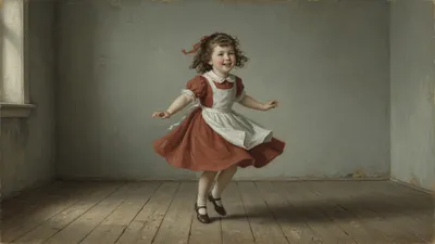 A lively little girl in a tucked dress and buttoned boots stands alone in an empty yard with a skipping rope at her feet.