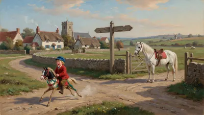 A 19th-century child in a Sunday jacket rides a wooden hobby-horse along a country road toward a distant town.