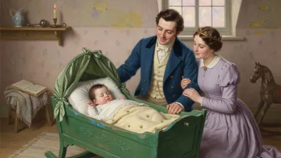 A baby sleeps in a green-painted cradle while a mother in a simple gown rocks it in a warm lamplit nursery.