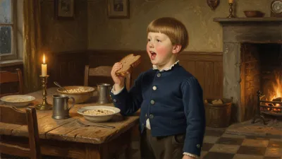 A hungry boy in a worn jacket and big collar sings with an open mouth in a cottage doorway at evening.
