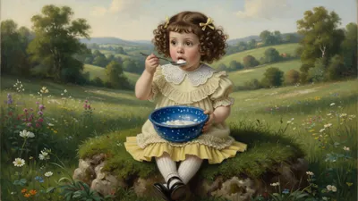 A small girl with brown curls in a pale-yellow dress sits on a low round stool in a garden, holding a blue bowl and spoon.