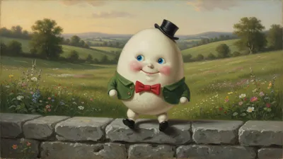A cream-white egg-shaped character in a green jacket, red bow tie, and tiny black top hat sits smiling on top of a grey stone wall.