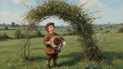 A grown traveler on a country road stoops to speak to a small bare-legged boy in a rough smock.