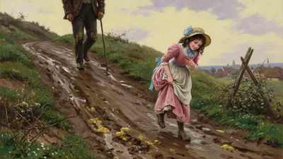 A country boy picks his way up a steep muddy lane on a wet day, a village below.