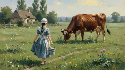 A little girl in a tucked-up skirt and kerchief carries a milking pail and stool on a village lane while a passer-by speaks to her.