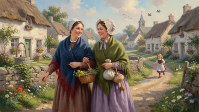 Two 19th-century mothers in shawls and bonnets walk a village lane together, each holding a child's hand.