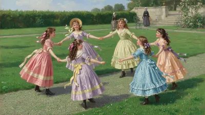 Girls in pale 19th-century dresses walk a pale-green gravel path around a circle of bright grass.