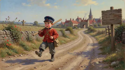 A child in a cap and sturdy shoes stands at the beginning of a long country road, one foot lifted to take a step.
