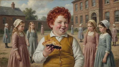 A plump boy in a tight jacket smiles beside a picnic plate of pudding and pie on a village green.