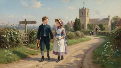 A boy and a girl of about eight in 19th-century Sunday clothes walk side by side along a quiet country lane.
