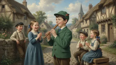A grown piper teaches a small boy in a cap and jacket to play a simple pipe in a firelit cottage, with no pig in the scene.