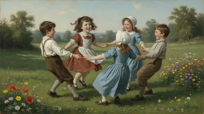 Children in 19th-century clothes join hands in a ring on a green, holding small bunches of roses and herbs.