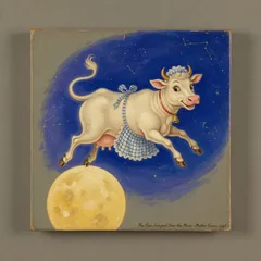 Portrait illustration of The Cow Who Jumped Over the Moon from Mother Goose Nursery Rhymes