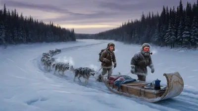 A team of frost-covered sled dogs pulls a birch-bark sled carrying a long narrow box along a frozen river, with two fur-clad men walking front and back beneath dark spruce trees.