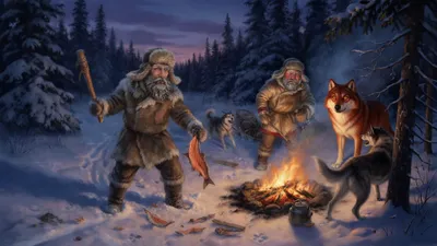 A man in furs stands among sled dogs holding a club and half a dried salmon while a dim animal shape vanishes into the dark trees behind him.