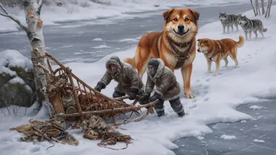 Two men struggle to right an overturned sled while a sled dog trots away across the snow toward a reddish she-wolf waiting in the open.