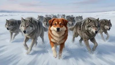 A wedge of gaunt wolves runs across open snow, with a reddish she-wolf at the centre flanked by a scarred one-eyed grey wolf and a large young wolf.