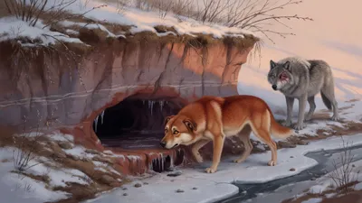 A reddish she-wolf inspects the narrow mouth of a small cave in an overhanging clay bank while an old grey wolf waits behind her in melting spring snow.