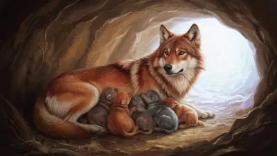 Five newborn wolf cubs, one grey and four reddish, press against their mother inside a dim earthen den with a bright cave mouth beyond.