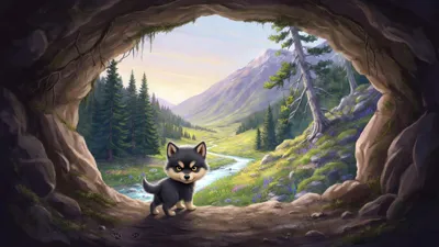 A small grey wolf cub stands silhouetted at the mouth of a den, looking out over a bright valley of spruce, a stream, and a distant mountain.