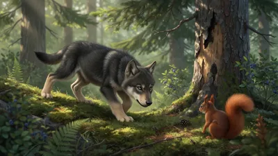 A half-grown grey wolf cub glides low through dappled summer forest, stalking a squirrel at the base of a dead pine.