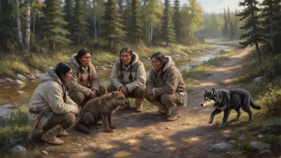 Five Indigenous men in caribou-hide parkas sit silently on their haunches on a forest trail while a half-grown grey wolf cub freezes in front of them.