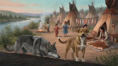 A young grey wolf-dog moves warily through a busy camp of tepees and fish racks while a larger swaggering puppy watches him.