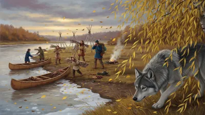 A young grey wolf-dog crouches hidden behind yellow willows watching an autumn camp being taken down and canoes loading at the river.