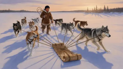 Seven sled dogs fan out on ropes of different lengths from a small birch-bark sled driven by a teenage boy across open snow.
