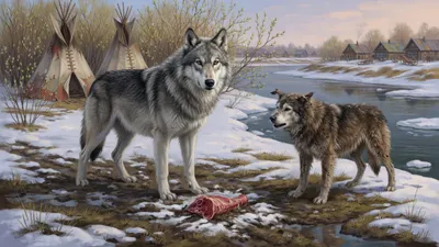 A young adult grey wolf-dog stands over a shin-bone in the snow facing a grizzled old sled dog who bristles but does not advance.