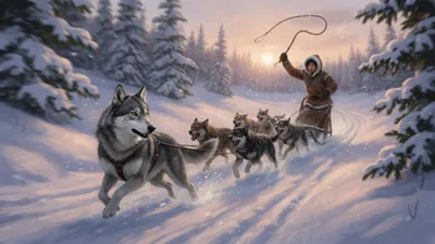 A grey wolf-dog runs at the head of a single-file sled team, looking back as the other dogs lunge after him, while a boy raises a whip behind the sled.