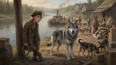 A small stooped man in an oversized wool coat and fur cap watches from a log post while a grey wolf-dog stands apart from a group of dogs on a busy riverbank.