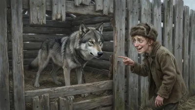 A chained grey wolf-dog bristles inside a plank pen while a small stooped man in a fur cap laughs and points at him through the slats.