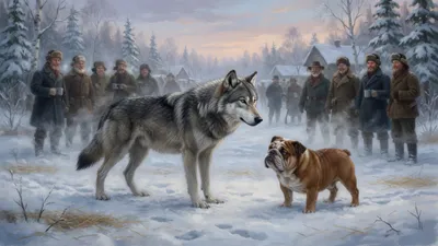 A grey wolf-dog stands studying a short squat bulldog in a trampled snow clearing surrounded by a crowd of men in winter coats.