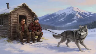Two men sit on a cabin step in winter looking at a bristling grey wolf-dog straining at the end of a taut chain.