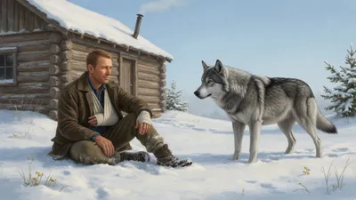 A man with a bandaged hand in a sling sits on the snow several feet from a tense bristling grey wolf-dog outside a log cabin.