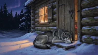 A grey wolf-dog lies pressed against a closed cabin door at night with his nose at the crack, lamplight glowing through the window above him.