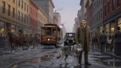A grey wolf-dog presses close to a man's leg on a crowded turn-of-the-century city street with tall buildings and a clanging cable car.