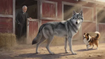 A grey wolf-dog walks away stiff-legged with his shoulder turned toward a snapping sheep-dog in a sunny stable yard.