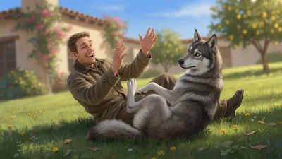 A laughing man sits back on a sunlit lawn while a grey wolf-dog rolls upright beside him with a quizzical, almost amused expression.