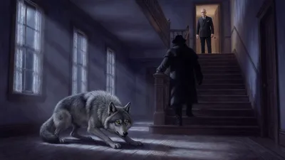 A silhouetted stranger pauses with one foot on the bottom stair of a moonlit hall while a grey wolf-dog crouches silently in the foreground.