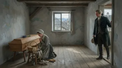 A young woman in plain clothes kneels by a wooden coffin at the left of a bare room while an older gentleman in a travelling coat pauses in the doorway at the right.
