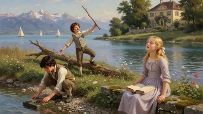 A girl sits on a low wall gazing at snowy mountains across a lake while a boy crouches at the water's edge examining a stone and another boy plays with a stick behind them.
