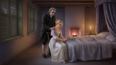 A young woman in a white empire-line dress sits at a candlelit bedside holding someone's hand while an older man stands behind her chair in a shuttered room.