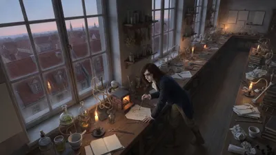 A pale young man works by candlelight over glass apparatus in a cluttered laboratory as dawn breaks in the tall window behind him.