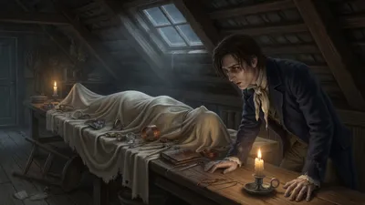 A pale young man stands bent over a long sheet-draped bench in a rainy attic workshop, lit by one candle burned almost to its socket.