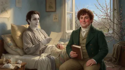 A thin young man propped on pillows holds an open letter while a ruddy friend sits at his bedside in a sunlit room with an open window.