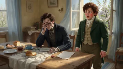 A young man sits with his face in his hand beside a fallen letter at a long breakfast table while a friend reaches for the page behind him.