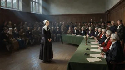 A young woman in a plain dark gown stands composed and alone in a courtroom dock while a packed gallery and a table of robed officials watch from either side.
