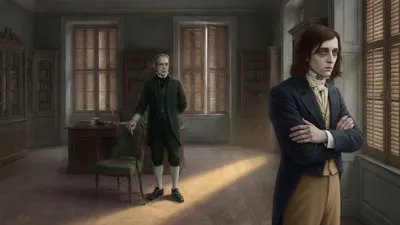 An elderly gentleman speaks gently with one hand on a chair back while a pale young man stands turned away at the far side of a shuttered study.